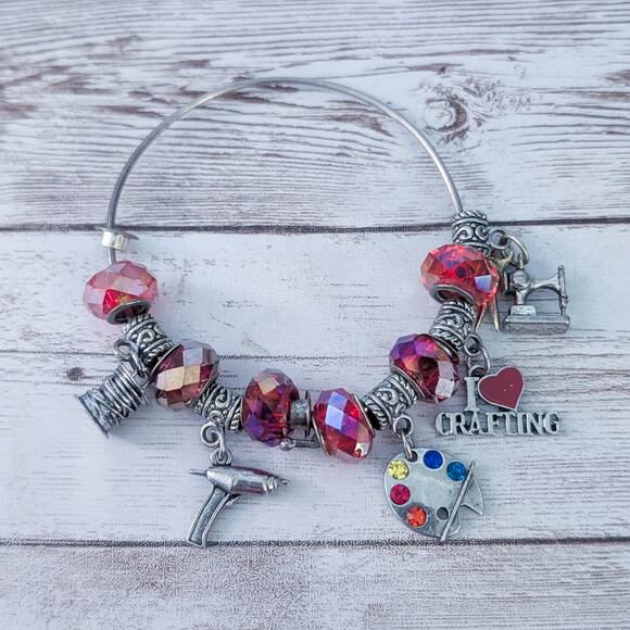 Crafting Charm Bracelet Red & Silver Tone - Fair Condition - Picture 1 of 16